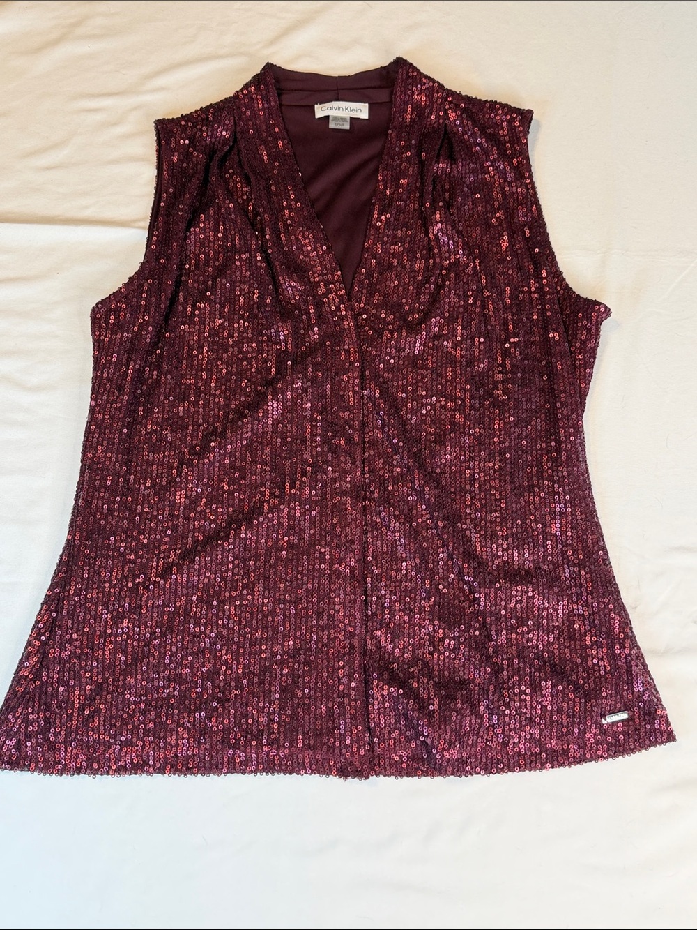 Calvin Klein Sleeveless Sequin V-Neck Top — Wine